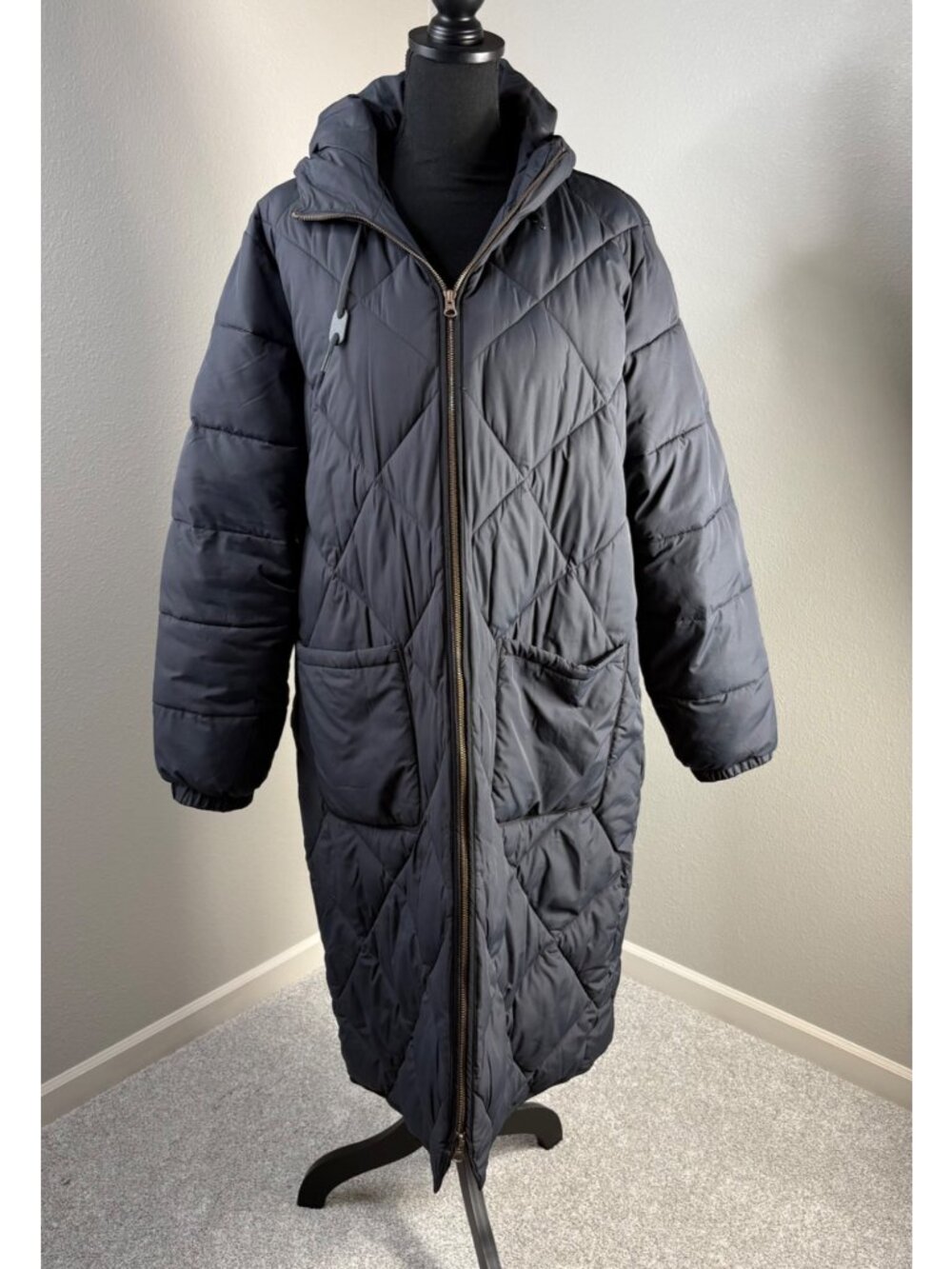 Lands' End Quilted Parka Womens XL Long Maxi Black Gorpcore